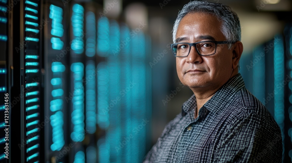Aufkleber a man wearing glasses stands in front of a row of computer servers. generative ai