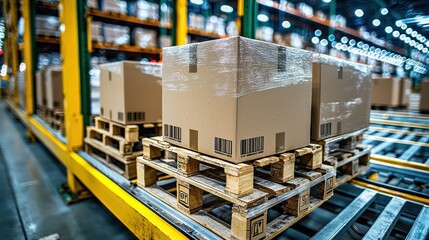 Naklejka premium Cardboard boxes on pallets moving in warehouse.