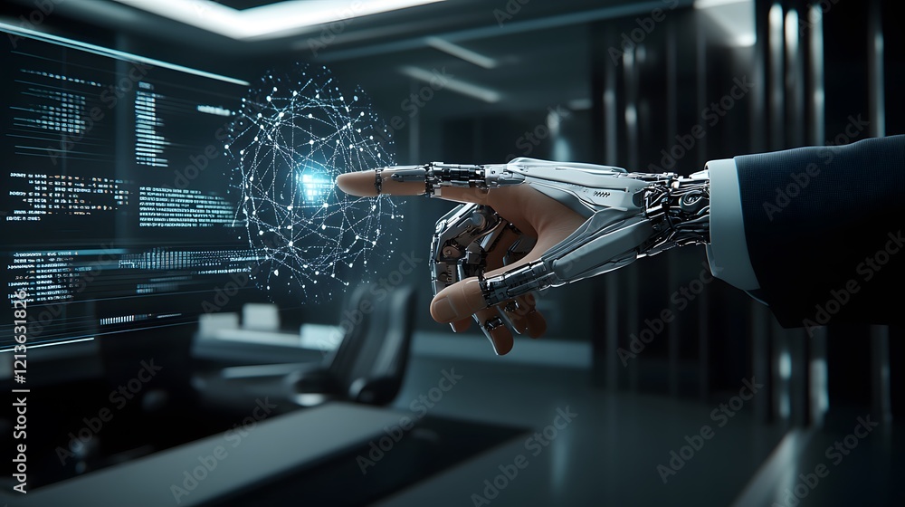 Aufkleber robotic hand interacting with digital network data