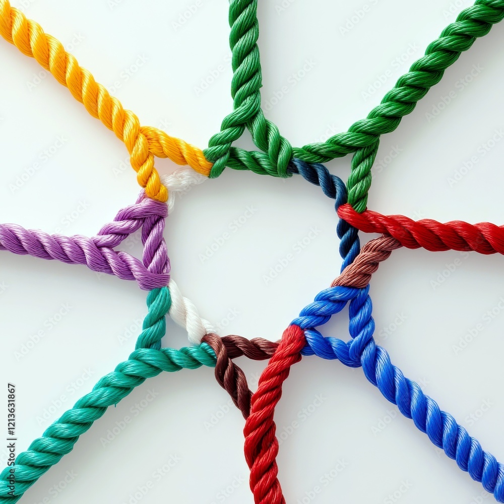 Poster colorful twisted ropes interwoven in a circular pattern showcasing vibrant hues and intricate design