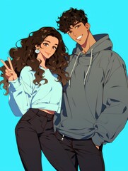 Young couple with joyful expressions, standing together against a vibrant blue background, showcasing modern casual fashion and playful gestures
