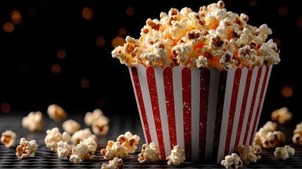Buttery popcorn in striped box, dark bokeh background.