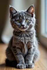 Fototapeta premium Adorable gray kitten sitting on wooden floor, looking curiously at the camera.