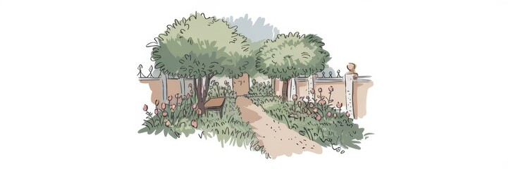 Serene Garden Path With Trees And Flowers