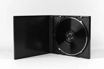 Obraz premium An open black CD case displaying a shiny black disc on a white background.
