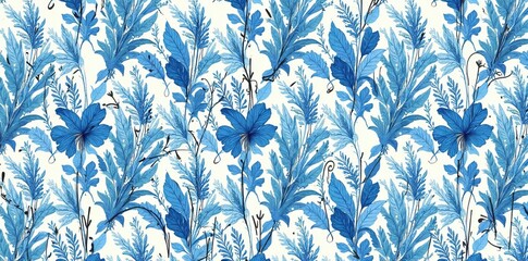 Beautiful blue floral pattern with leafy design ideal for backgrounds or decorations.
