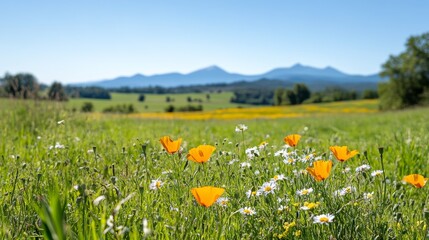Obraz premium California poppies blooming in a mountain meadow, sunny day, wildflowers, idyllic landscape, perfect for travel brochures