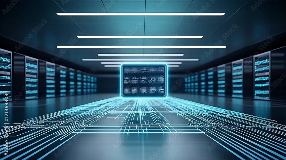 Poster futuristic information technology interface, glowing holographic access panels, digital security loc