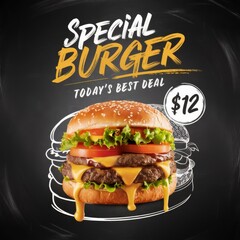 The 'Special Burger' text with a subtle chalkboard texture, displayed prominently at the top in bold, white, and yellow font with a brushstroke effect ai generated