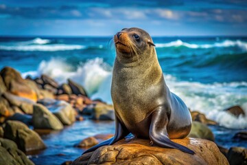Fototapeta premium Cape Fur Seal, Rocks, Ocean, Wildlife Photography, Rule of Thirds, Coastal Animal, South Africa, Sea Mammal