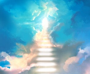 
Illustration of the mysterious gate leading to the heaven and the divine light shining through a gap in the sea of clouds Beyond the falling white．