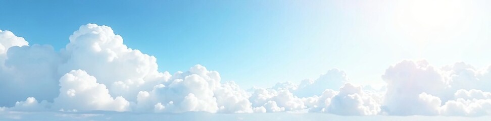 Bright blue sky with fluffy clouds illuminated by sunlight in a serene landscape.