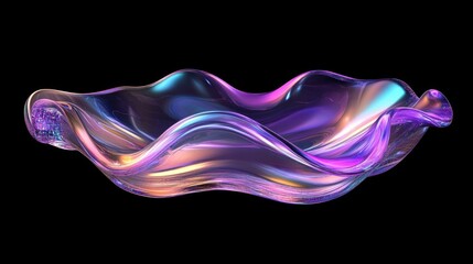 Obraz premium Abstract holographic texture of curved waves in Y2K style. 3d render of transparent glass, plastic. Fluid iridescent smooth surface isolated on black background. 