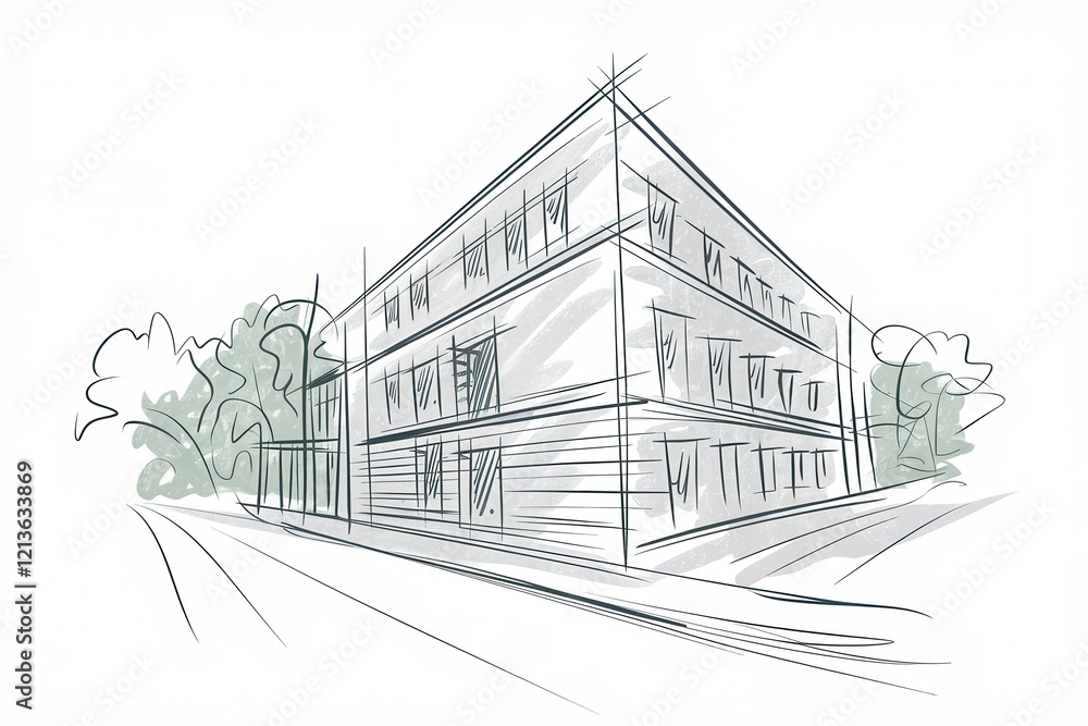 Poster architectural sketch of a modern building with trees
