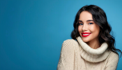 Fototapeta premium beautiful young woman happy on blue background