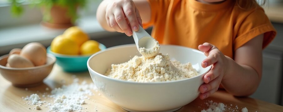 Child cooking with flour and eggs in a cozy kitchen setting filled with ingredients. - Powered by Adobe