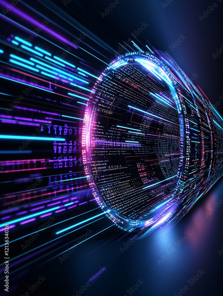 Poster dynamic it processing scene, swirling digital code, data streams moving between servers, colorful ab
