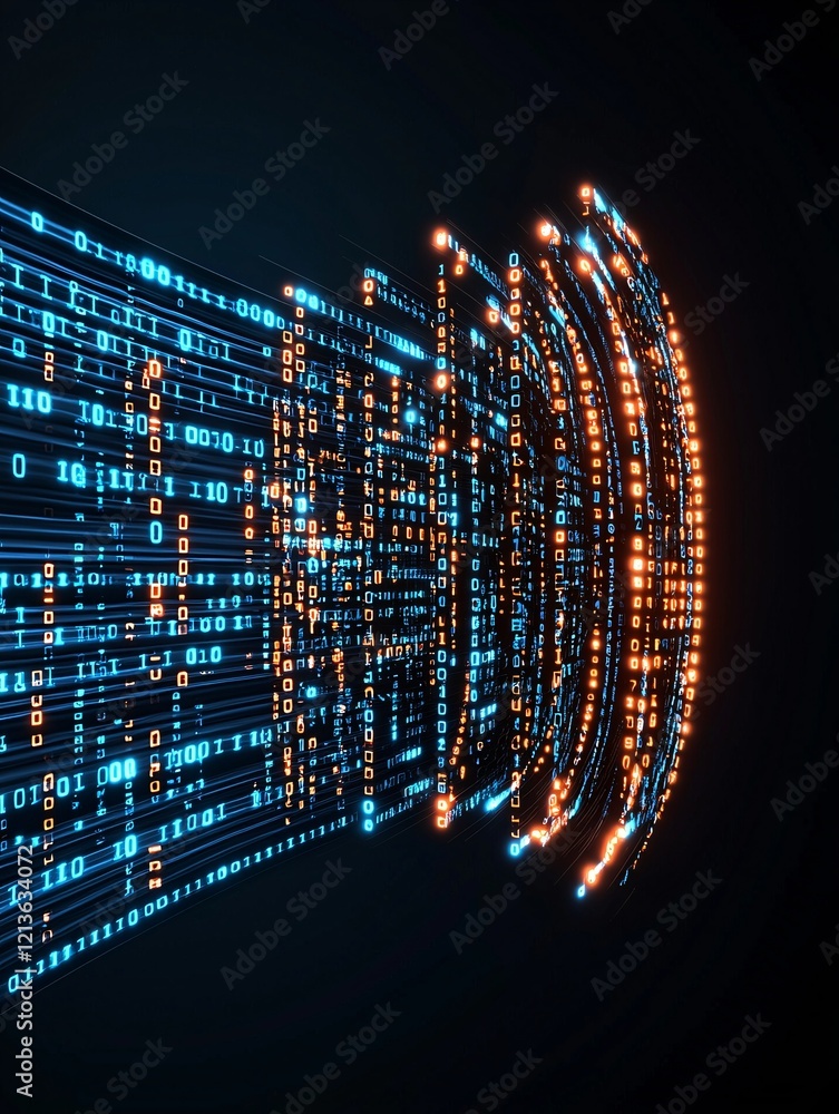 Poster dynamic it processing scene, swirling digital code, data streams moving between servers, colorful ab