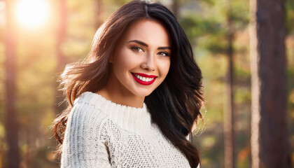 Naklejka premium beautiful young woman happy in forest background