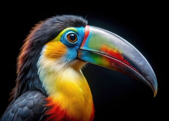 Obraz premium Close-up Channel-billed Toucan Portrait, Ramphastos vitellinus, Black Background Bird Photography