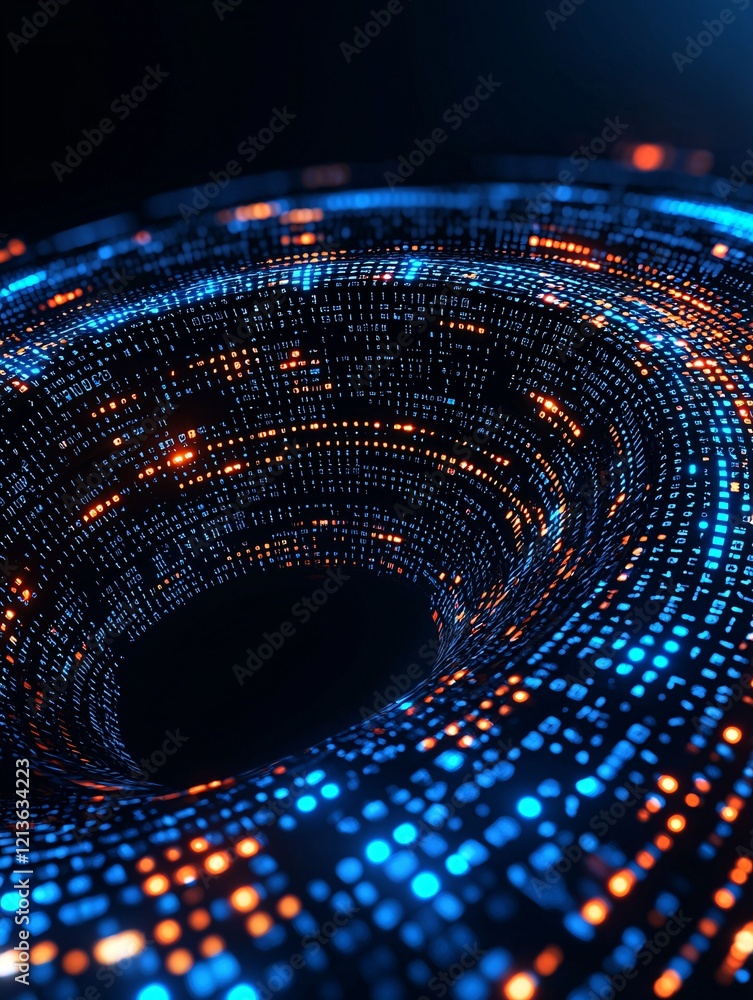 Poster dynamic it processing scene, swirling digital code, data streams moving between servers, colorful ab