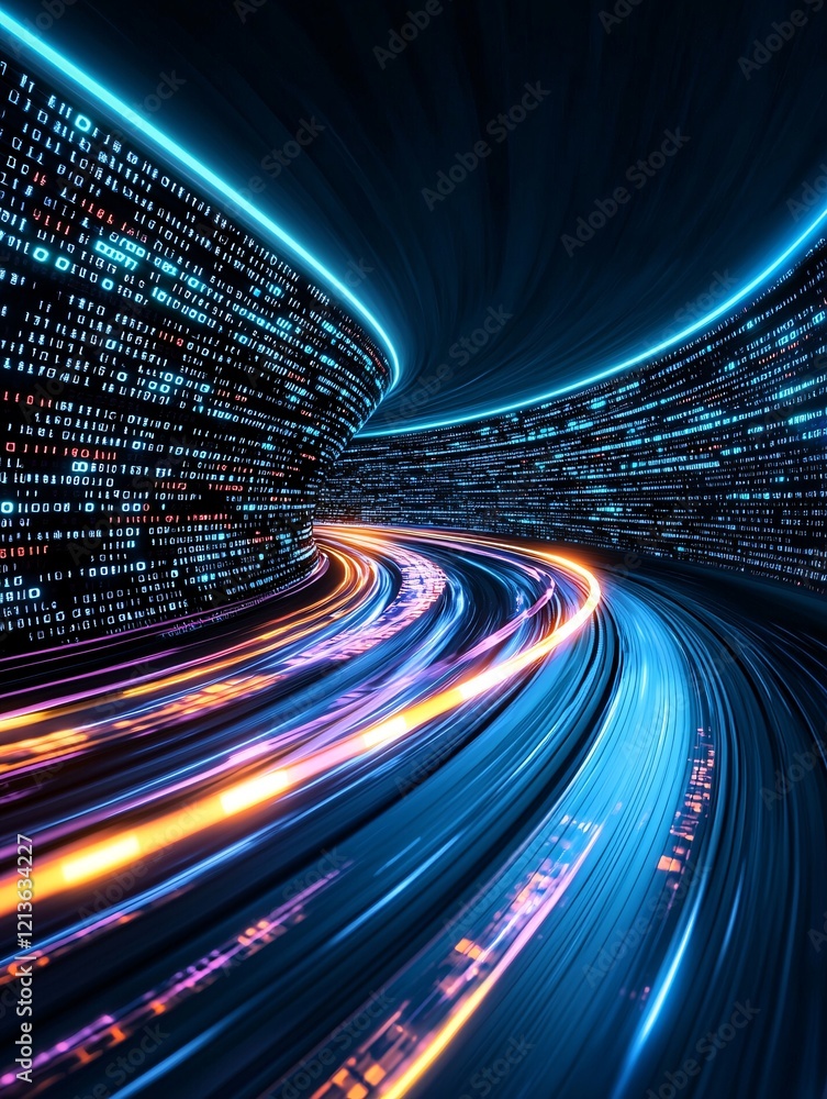 Poster dynamic it processing scene, swirling digital code, data streams moving between servers, colorful ab