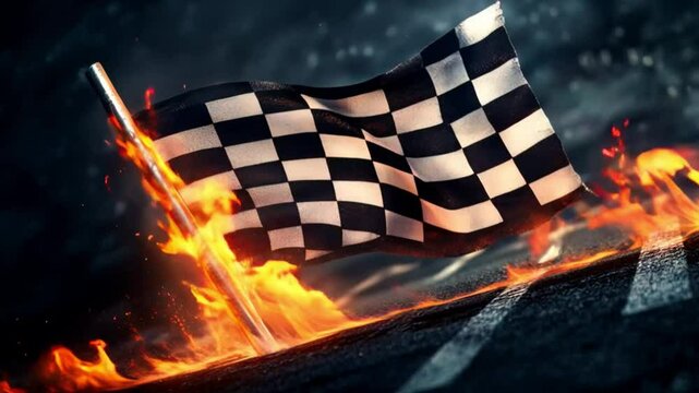 Checkered racing flag waving with fire and sparks surrounding