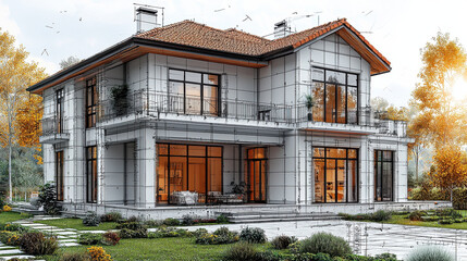 Fototapeta premium modern house plan with soft colors, featuring large windows, spacious garden, and stylish roof. design showcases contemporary architecture and outdoor landscaping