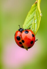 Fototapeta premium Ladybug Couple on Dew-Kissed Leaf: A Vibrant Macro Shot