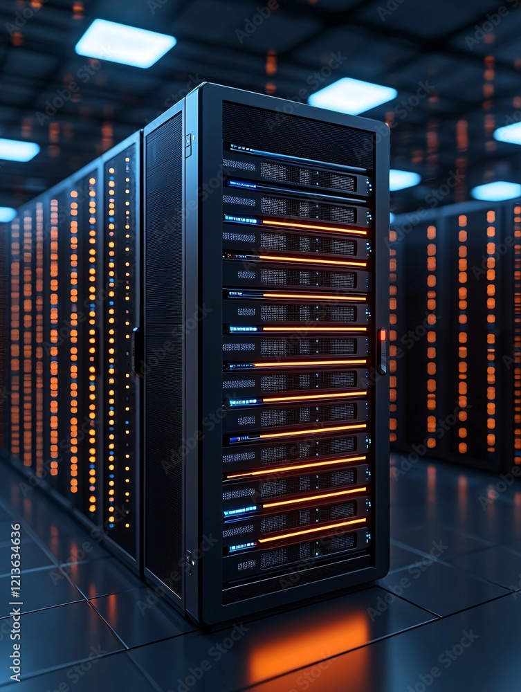 Poster futuristic it retrieval and storage setup, abstract glowing file transfers, clean grid design with b