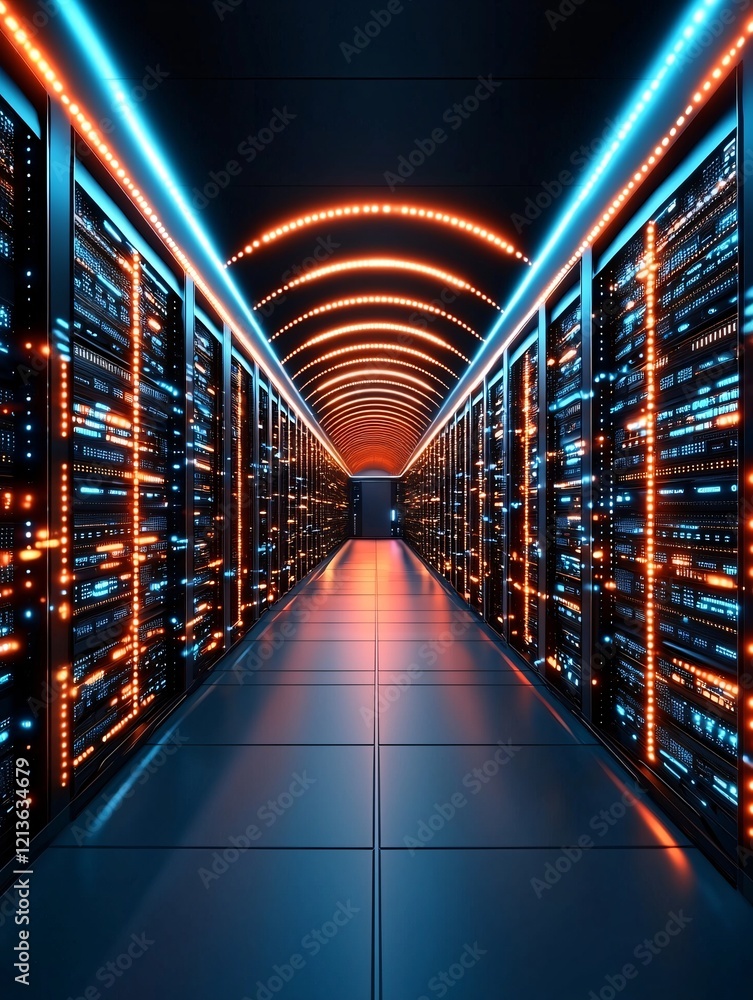 Poster futuristic it retrieval and storage setup, abstract glowing file transfers, clean grid design with b