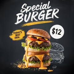 The 'Special Burger' text with a subtle chalkboard texture, displayed prominently at the top in bold, white, and yellow font with a brushstroke effect ai generated