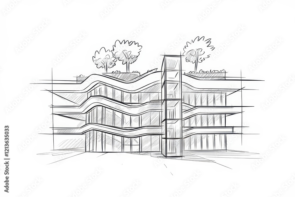 Poster modern building architectural sketch design with trees
