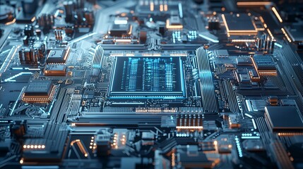 Fototapeta premium dynamic IT processing center, glowing servers, fast data transfer visuals, high-tech workplace with cyber blue and white glow, immersive futuristic aesthetic,