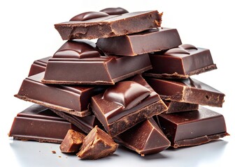 Cracked Dark Chocolate Pieces, Organic Sweet Chocolate, Delicious Dark Chocolate Chunks, Isolated White Background