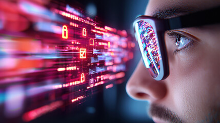 close up of professional analyzing digital data through glasses, showcasing vibrant graphics and security icons, reflecting modern tech environment