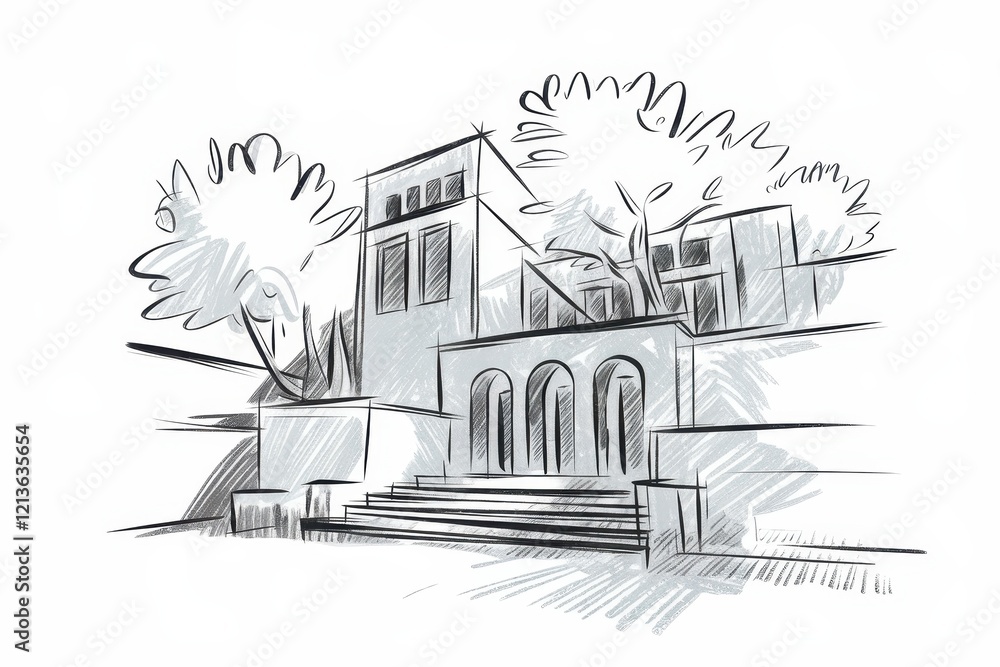 Poster sketch of a building with steps and trees