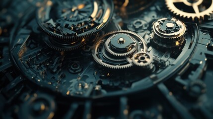 An elaborate and mesmerizing steampunk-inspired gear system, featuring intricately interlocking cogs and gears, creates a captivating and dynamic abstract technology background