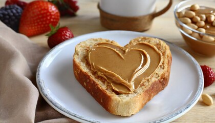 Heart-shaped piece of toast bread with a sweet spread peanut butter