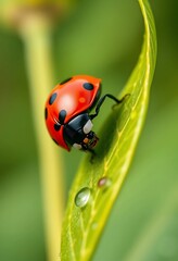 Fototapeta premium Ladybug on a Dew-Kissed Leaf: A Vibrant Macro Photograph