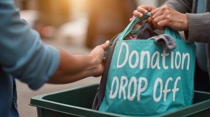 hands placing a bag of donated clothes into a donation drop-off bin