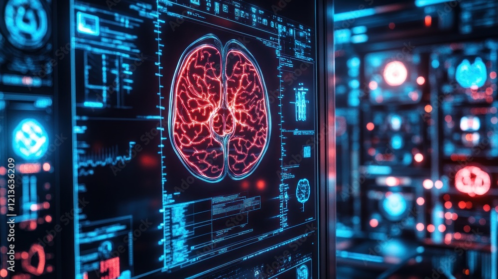 Poster brain scan displayed on monitor, futuristic lab, diagnostics