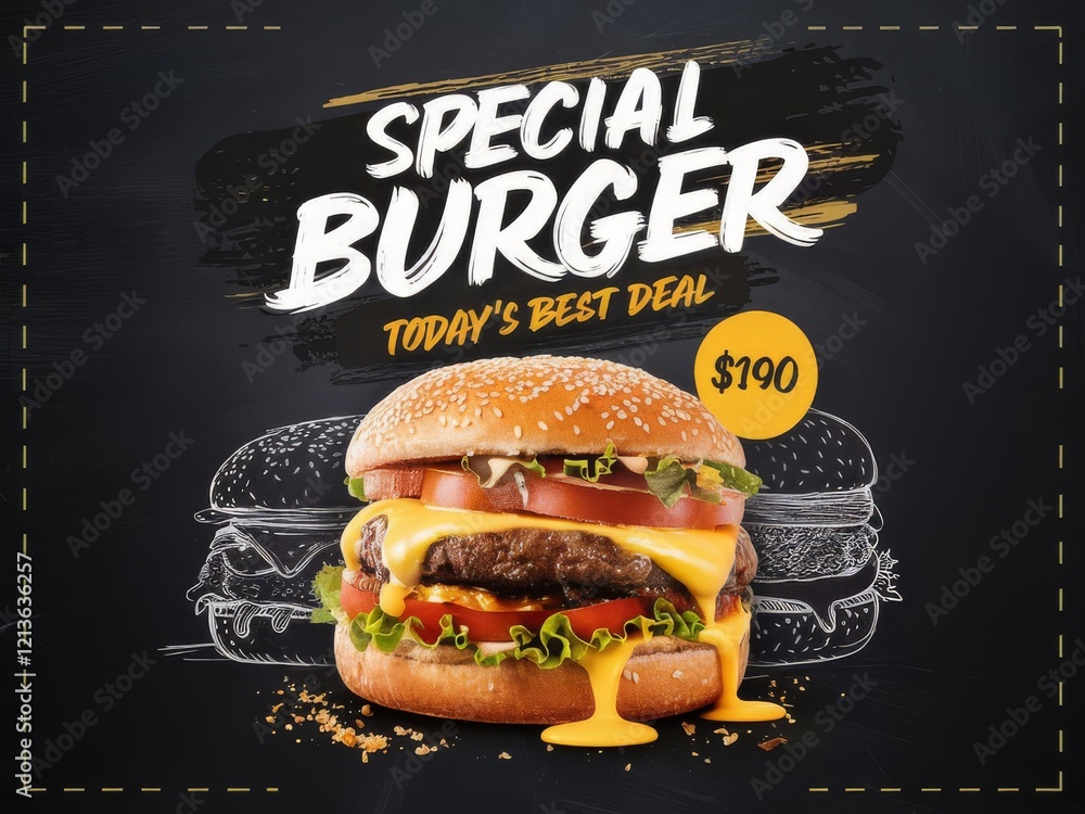 Fototapete the 'special burger' text with a subtle chalkboard texture, displayed prominently at the top in bold