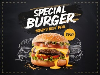 The 'Special Burger' text with a subtle chalkboard texture, displayed prominently at the top in bold, white, and yellow font with a brushstroke effect ai generated