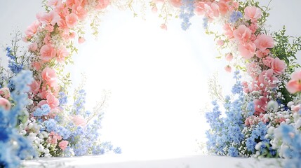 Romantic floral arch with pink and blue flowers on a bright white background