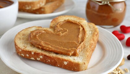 Heart-shaped piece of toast bread with a sweet spread peanut butter