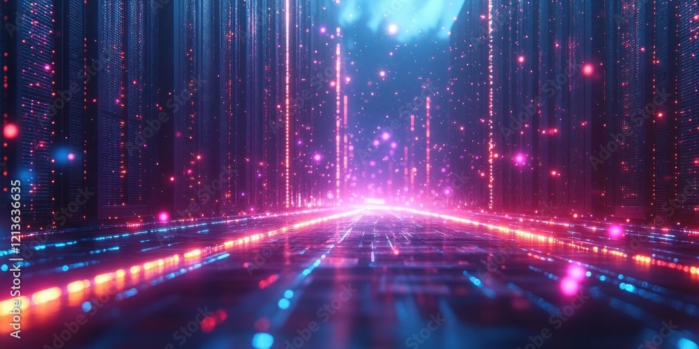 Poster futuristic neon data center with glowing server racks and high-tech infrastructure
