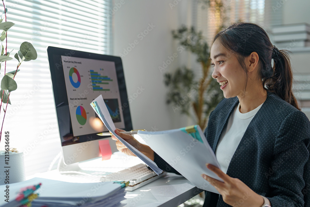Poster young office worker smiling while analyzing financial charts and graphs, holding documents and compa