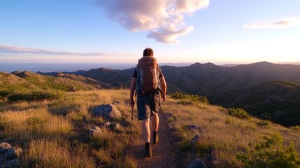 Fototapeta premium Hiker walking sunset mountain trail, scenic landscape background, adventure travel