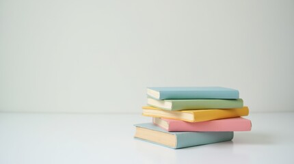 single stack of colorful books on a simple white table